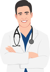 Fototapeta premium Male doctor smiling with crossed arms and stethoscope on his shoulder