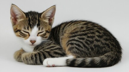 Cozy Tabby Cat Sleeping Peacefully on White Background