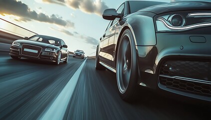 Obraz premium Luxury Black Cars Speeding on Highway at Sunset Fast Driving Scene