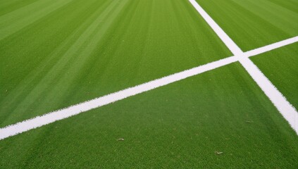 Obraz premium Close-up texture shot of an artificial grass field showcasing a crisp white line for a sporty energetic atmosphere