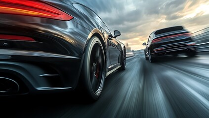 High-Speed Luxury Cars Racing on Asphalt Road at Sunset