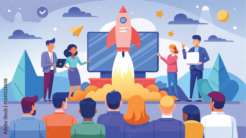 Leinwandbilder team collaboration in a modern workspace with a rocket launch, showcasing growth and innovation thro