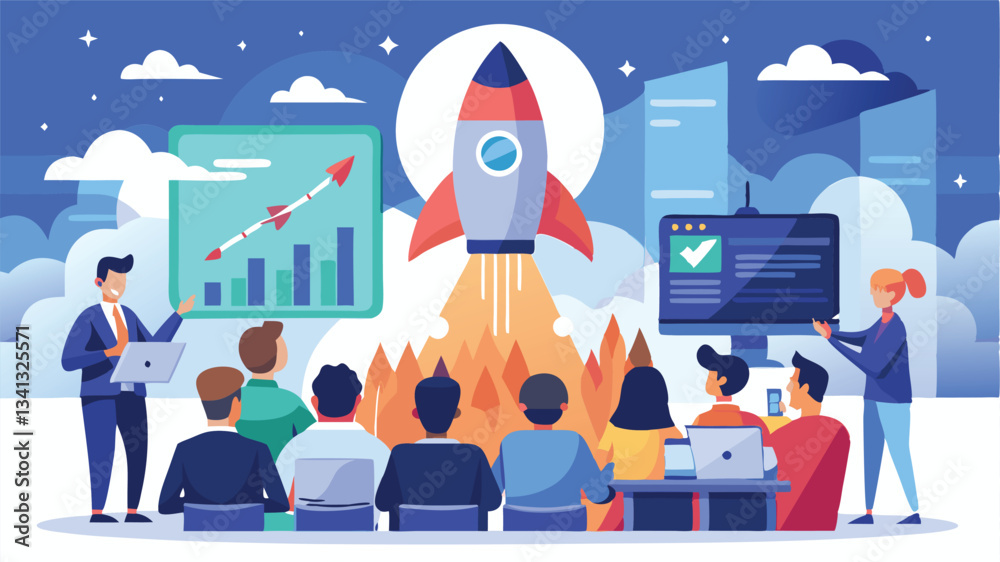 Poster team collaboration in a modern workspace with a rocket launch, showcasing growth and innovation thro