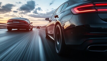 Obraz premium Luxury Cars Speeding on Highway at Sunset Dynamic Motion Blur