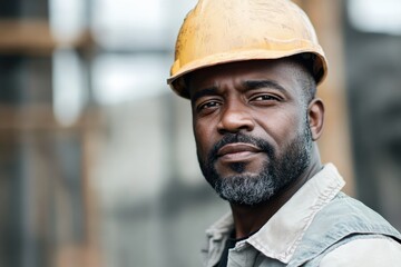 Confident construction worker wearing hard hat on building site