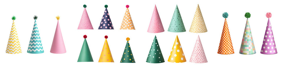 An assortment of vibrant patterned party hats and decorative cones arranged in a cheerful whimsical display against a white background