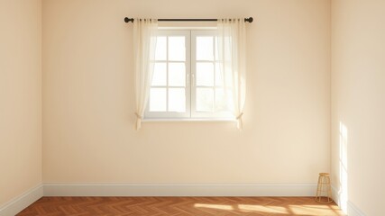 Fototapeta premium Empty room interior with window and sheer curtains, hardwood floor, and sunlight streaming in