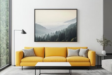 Interior design featuring a couch and framed forest artwork