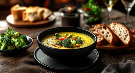 A bowl of broccoli soup with vegetables and bread on the side, placed in an elegant restaurant setting. Warm lighting creates a cozy atmosphere, enhancing the rich colors of yellow, orange, green.