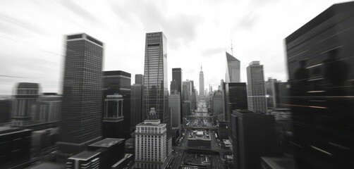Blurred motion streaks in monochrome cityscape, towering buildings dominate, black and white, monochrome