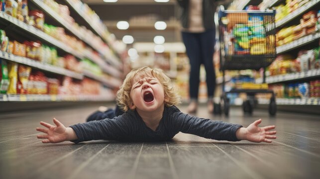 Crying toddler sprawled on a supermarket floor, symbolizing childhood frustration and parental stress. Ideal for parenting blogs, family resources, and educational content.