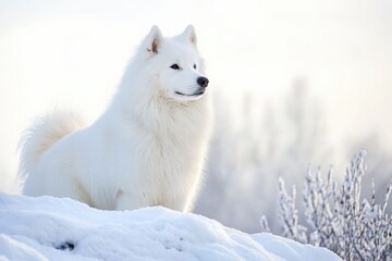 Fototapeta premium White samoyed dog sitting on snow in winter wonderland