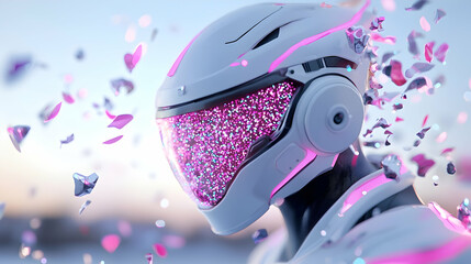 Glitched Cybernetic Warrior: Pink And White Robot Helmet In Digital Art