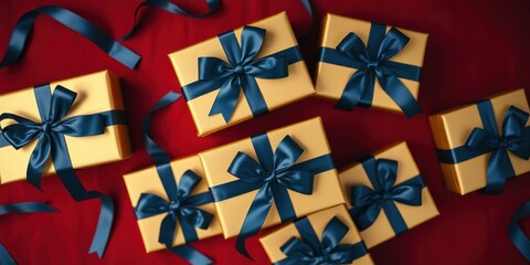 A Collection of Golden Gift Boxes with Dark Blue Ribbons on a Red Background