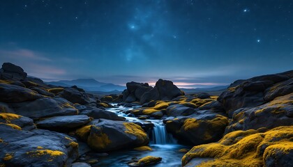 Obraz premium Flowing Stream Through Rocky Landscape Under Starry Night Sky