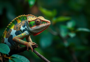 Obraz premium Camouflaged chameleon poised to strike, blurred foliage background, leaves, africa