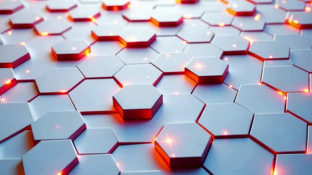 Futuristic hexagonal surface with raised 3D tiles and glowing element. Abstract geometric technology background. Seamless loop horizontal video