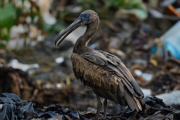 Fototapeta premium African openbill stork standing on a pile of garbage in a landfill