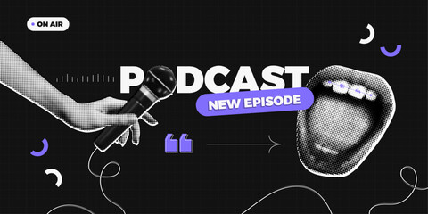 Trendy Halftone Collage Podcast broadcast. Hand holding studio microphone and open mouth. Talk show and interview. Online radio news. Streaming service. Contemporary vector illustration art