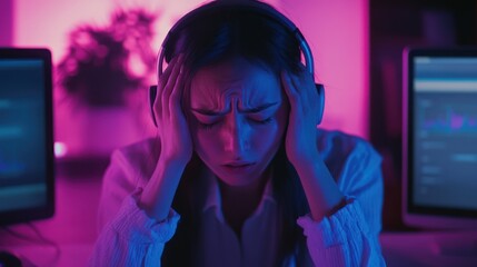 Intense pressure and stress experienced by a remote worker in neon lighting