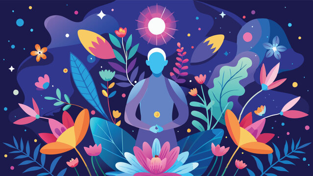 Meditation practice surrounded by vibrant flowers and butterflies in a serene, colorful landscape with a glowing sun overhead