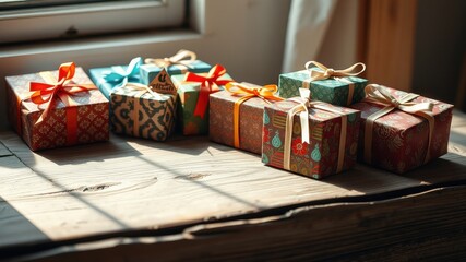 Sunlit Rustic Wooden Surface Displaying Assorted Wrapped Gifts
