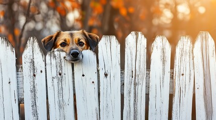 Dog peeking over white fence with trees in background