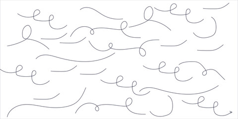 Hand drawn thin line arrows set. Many vector curvy and wavy arrows isolated on white background.