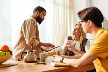 Engaging discussions among young men at a cozy book club in a modern home setting