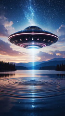 Ufo flying saucer hovering over lake at twilight with starry sky