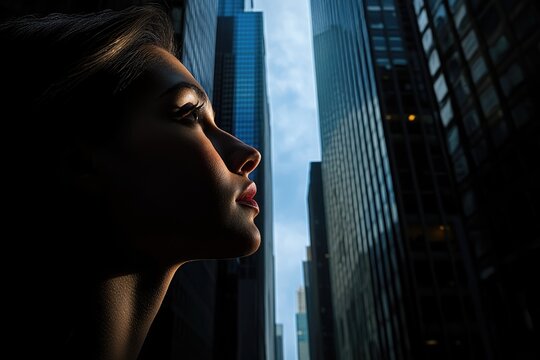 A woman's profile, bathed in sunlight, gazes towards towering city skyscrapers, evoking ambition and urban dreams.