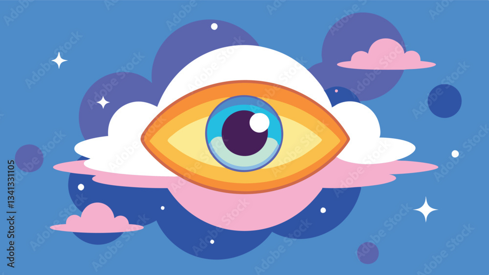 Poster vector illustration of a globe featuring a large eye surrounded by clouds on a bright blue backgroun
