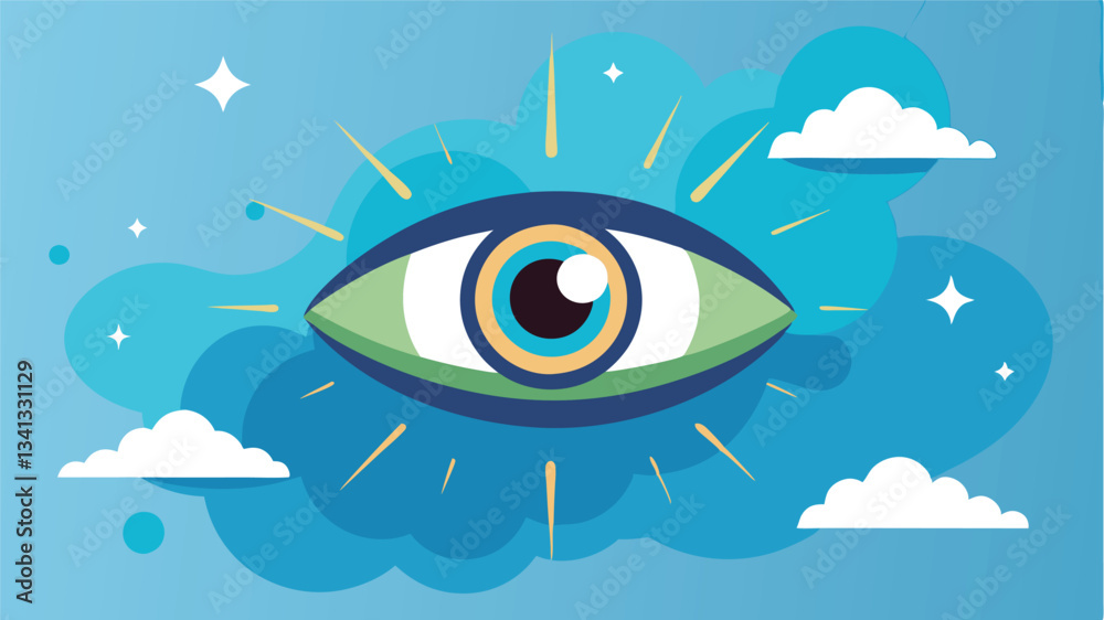 Poster Vector illustration of a globe featuring a large eye surrounded by clouds on a bright blue background