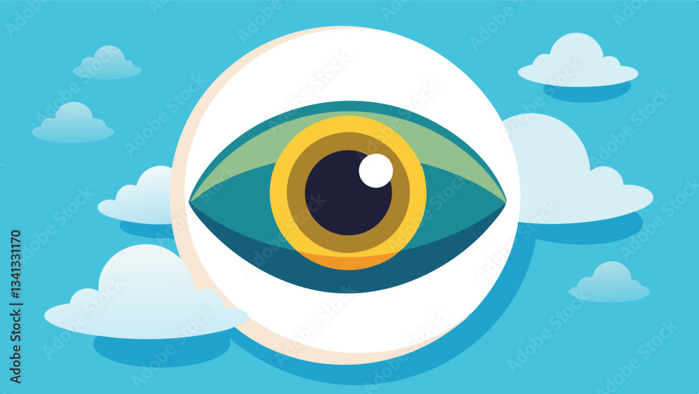 Poster vector illustration of a globe featuring a large eye surrounded by clouds on a bright blue backgroun