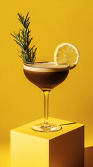 A brown soda with cream streaks in a minimalist matte black glass, set on a yellow pedestal. A lemon slice and rosemary sprig garnish the drink, with soft shadows and a vibrant yellow background.