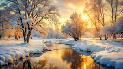 Soft sunlight bathes a tranquil snowscape; a frozen creek winds through a tilt-shifted winter wonderland.
