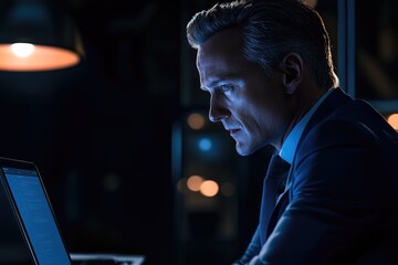 A focused businessman intently reviewing code on his laptop late at night in a dimly lit office.