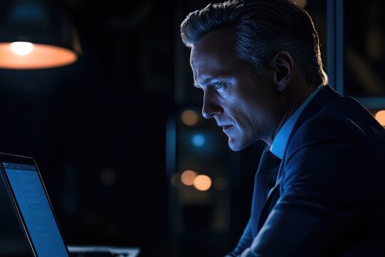 A focused businessman intently reviewing code on his laptop late at night in a dimly lit office.
