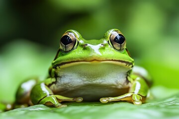 Green tree frog resting on a leaf in the rainforest