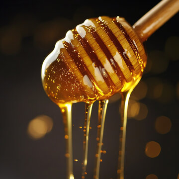 Manuka honey pour in super slow motion, viscous strands refracting window light, wooden dipper with beeswax texture