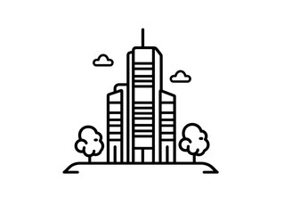 Fototapeta premium Downtown skyscraper with trees and clouds in minimal art style