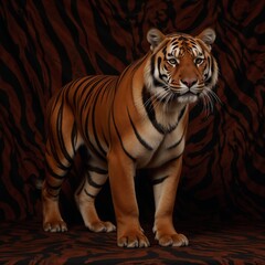 Obraz premium Bengal Tiger on a textured tiger-patterned backdrop with black and orange stripes