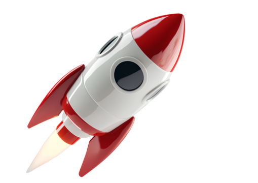 A cartoon rocket flying in the air, with a red and white color scheme, and a transparent background