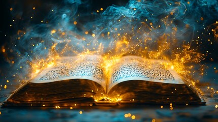 Open Book with Arabic Script Emanating Glowing Light and Colorful Smoke