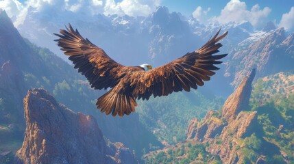 A majestic bald eagle soaring high above a mountain range, its wings fully extended