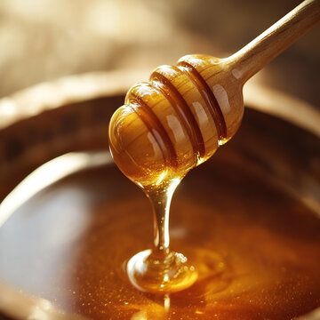 Manuka honey pour in super slow motion, viscous strands refracting window light, wooden dipper with beeswax texture