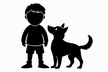 child with dog line art silhouette vector illustration