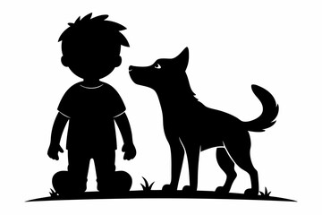 child with dog line art silhouette vector illustration