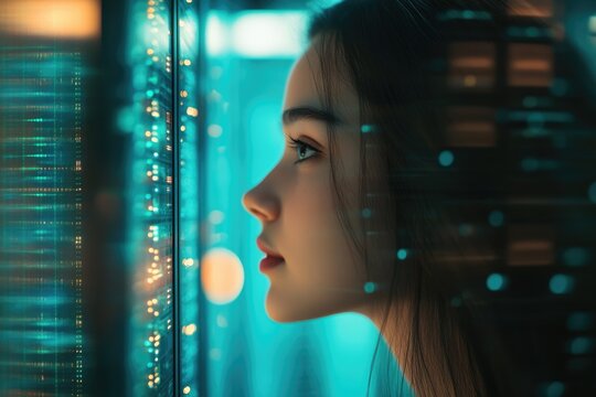 A young woman gazes intently at a glowing server rack, a futuristic scene.