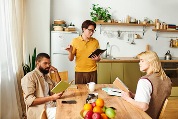 Young diverse men engage in meaningful discussions at a cozy book club gathering at home